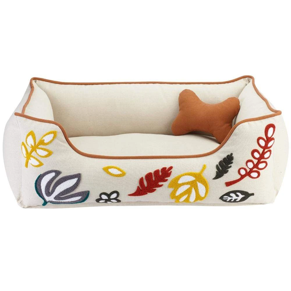 Cover-Removable And Washable Embroidered Leaves Linen Dog Bed 3 Cover-Removable And Washable Embroidered Leaves Linen Dog Bed - Image 3