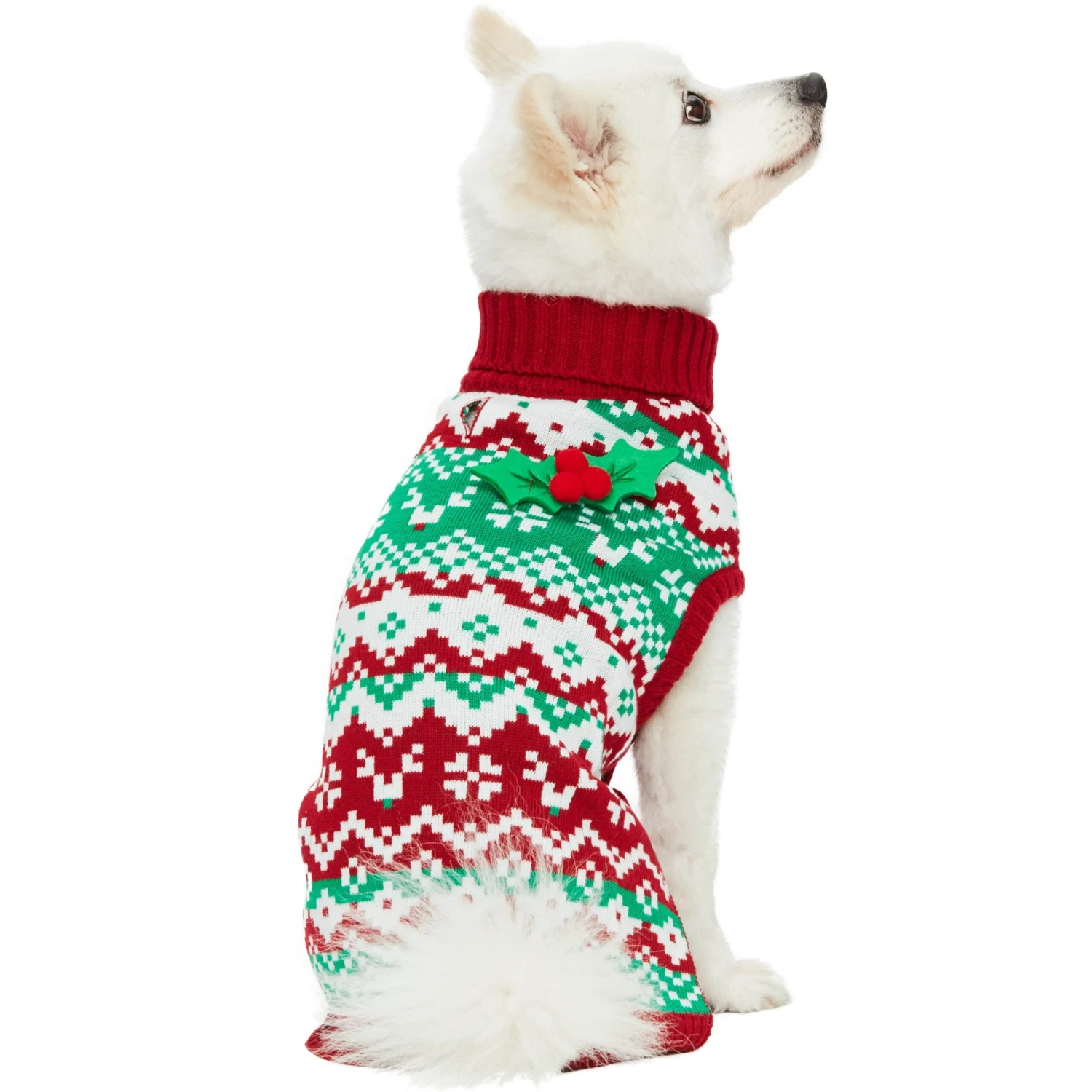 Christmas Reindeer Zigzag Chevron Dog Sweater With Holly Decor 1 Christmas Reindeer Zigzag Chevron Dog Sweater With Holly Decor