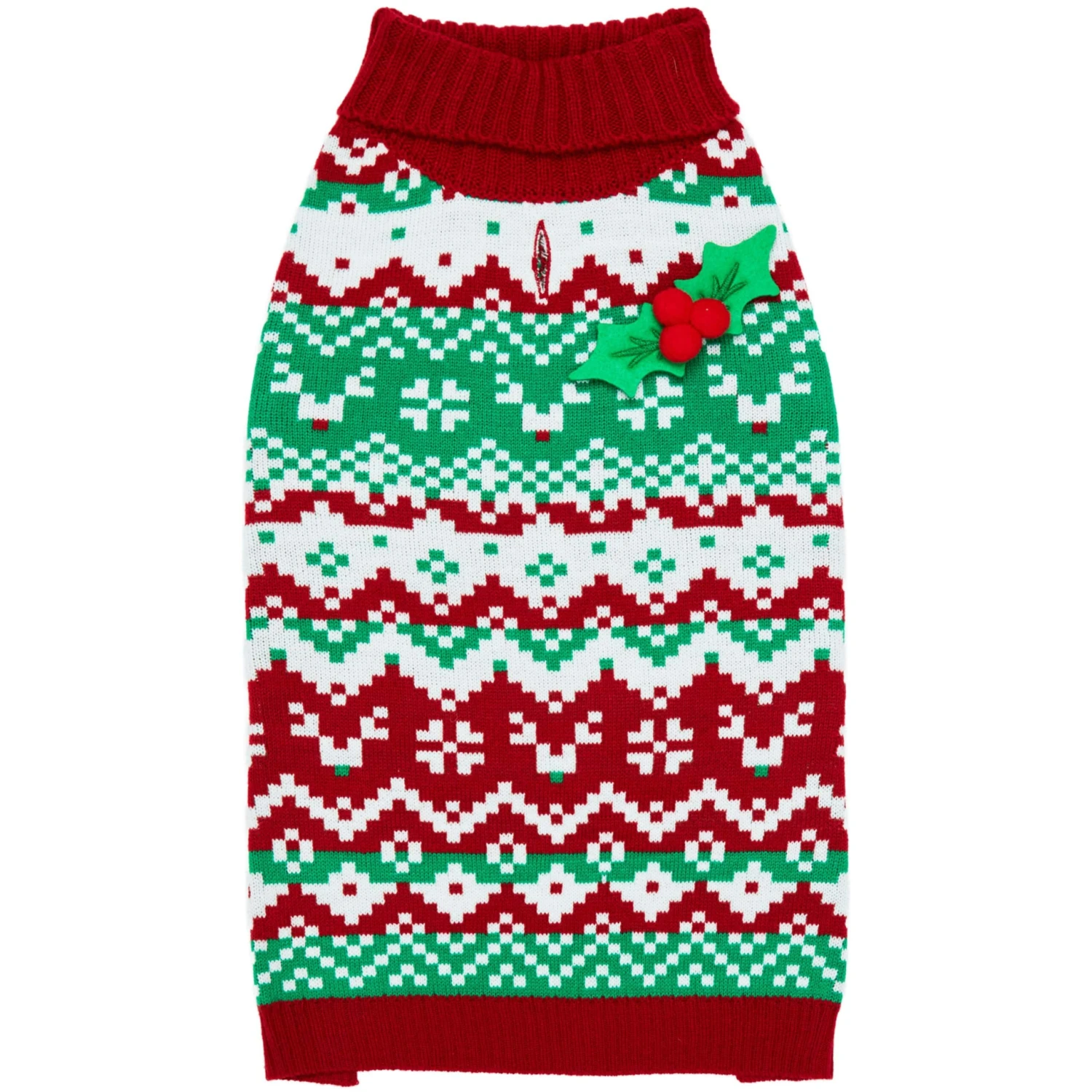 Christmas Reindeer Zigzag Chevron Dog Sweater With Holly Decor 3 Christmas Reindeer Zigzag Chevron Dog Sweater With Holly Decor - Image 3