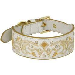 Elegant Western Luxury White Leather Dog Collar With Gold Baroque Design