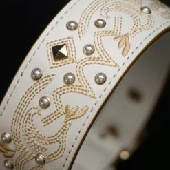Elegant Western Luxury White Leather Dog Collar With Gold Baroque Design 9 Elegant Western Luxury White Leather Dog Collar With Gold Baroque Design -Dog & Cat Store BBPDCLRL00042WH 3