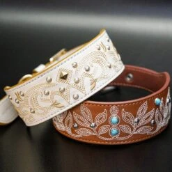 Elegant Western Luxury White Leather Dog Collar With Gold Baroque Design 10 Elegant Western Luxury White Leather Dog Collar With Gold Baroque Design -Dog & Cat Store BBPDCLRL00042WH 4 1
