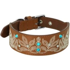 Western Cowboy Premium Leather Dog Collar With Decorative Floral Design