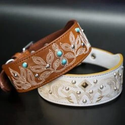 Western Cowboy Premium Leather Dog Collar With Decorative Floral Design -Dog & Cat Store BBPDCLRL00043BR 3